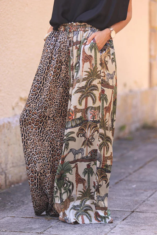 Jungle and Leopard Print Silky Floaty Wide Leg Pants