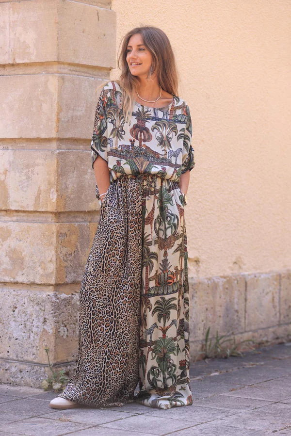 Jungle and Leopard Print Silky Floaty Wide Leg Pants