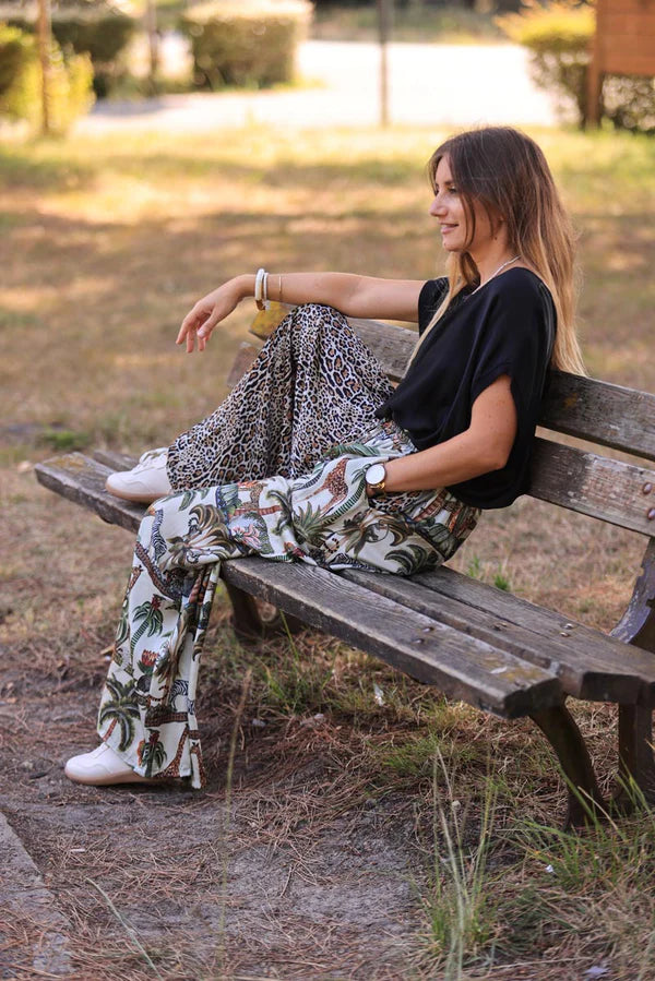 Jungle and Leopard Print Silky Floaty Wide Leg Pants