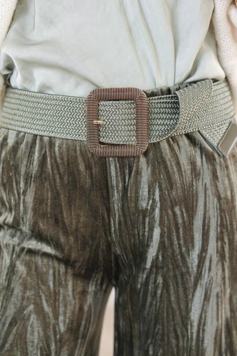 Khaki braided belt with square gold buckle