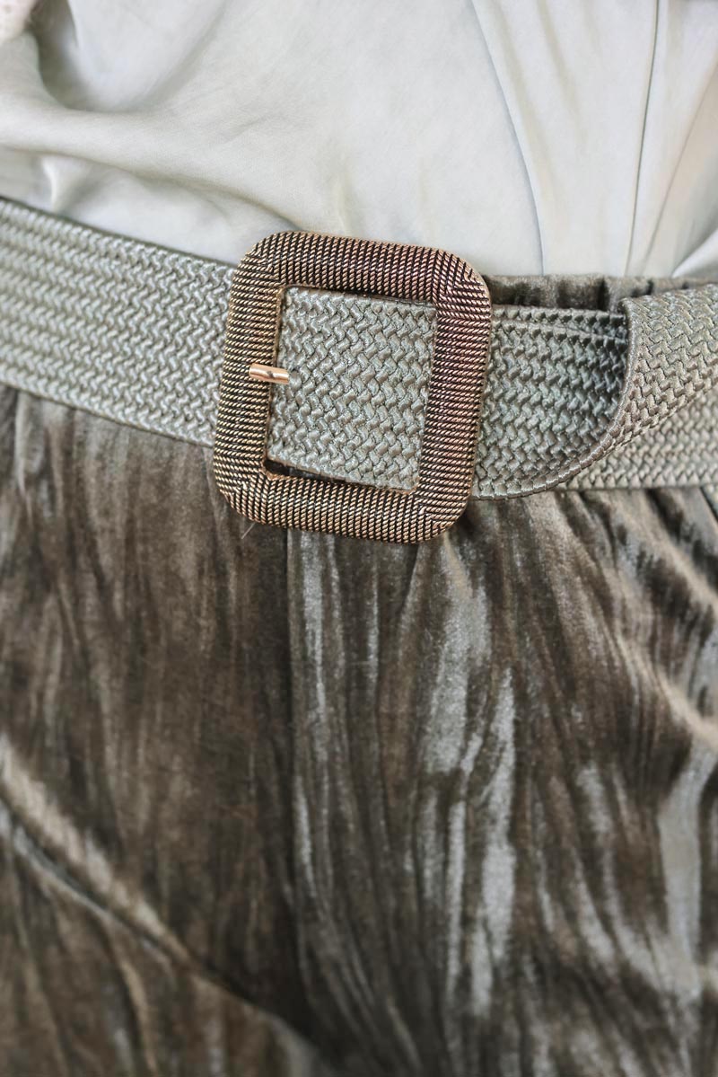 Khaki braided belt with square gold buckle