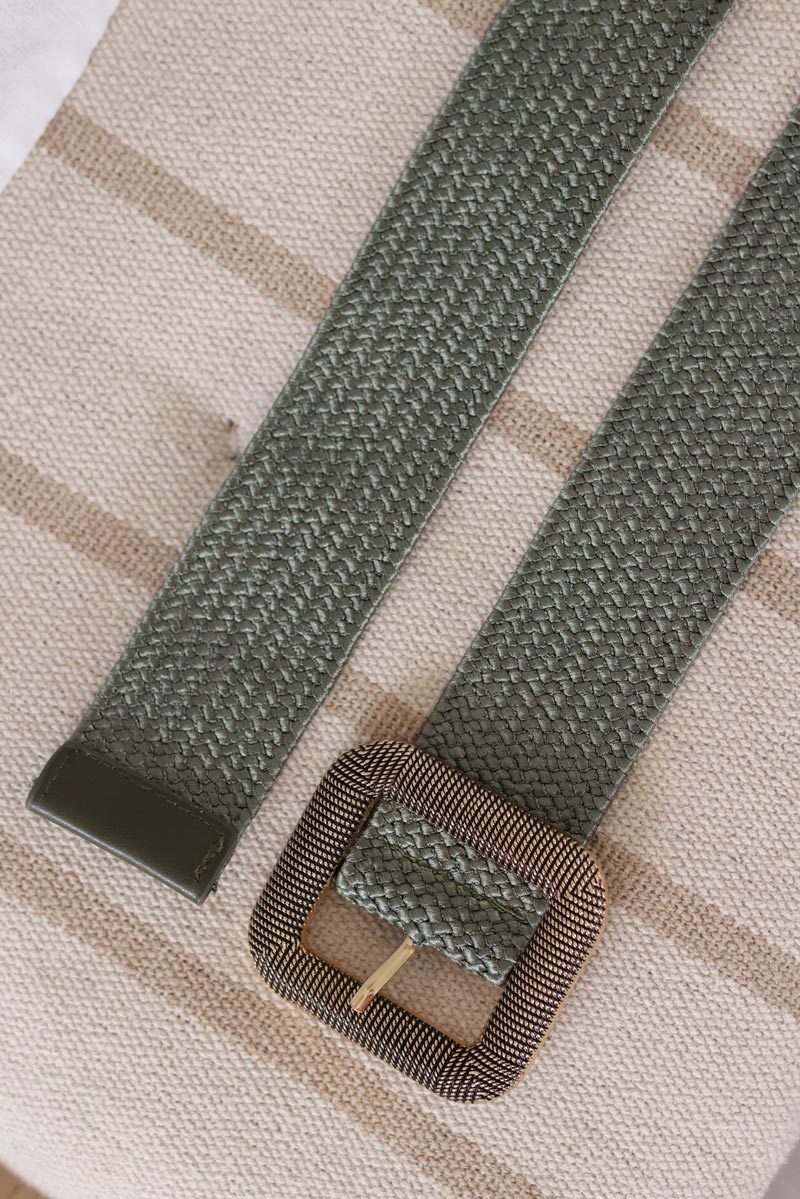 Khaki braided belt with square gold buckle