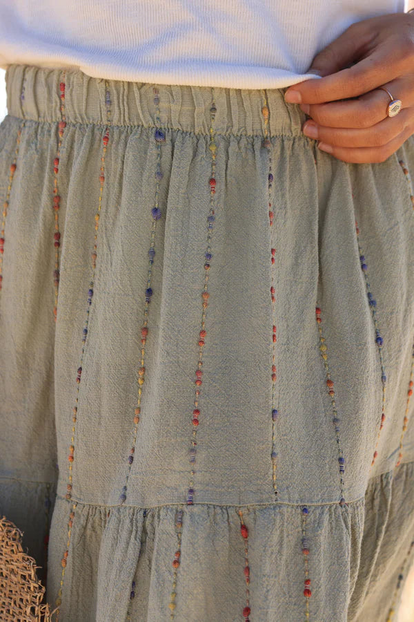 Khaki cotton and linen skirt with colored threads