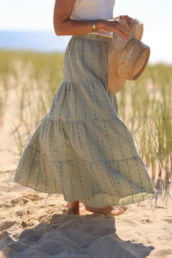 Khaki cotton and linen skirt with colored threads