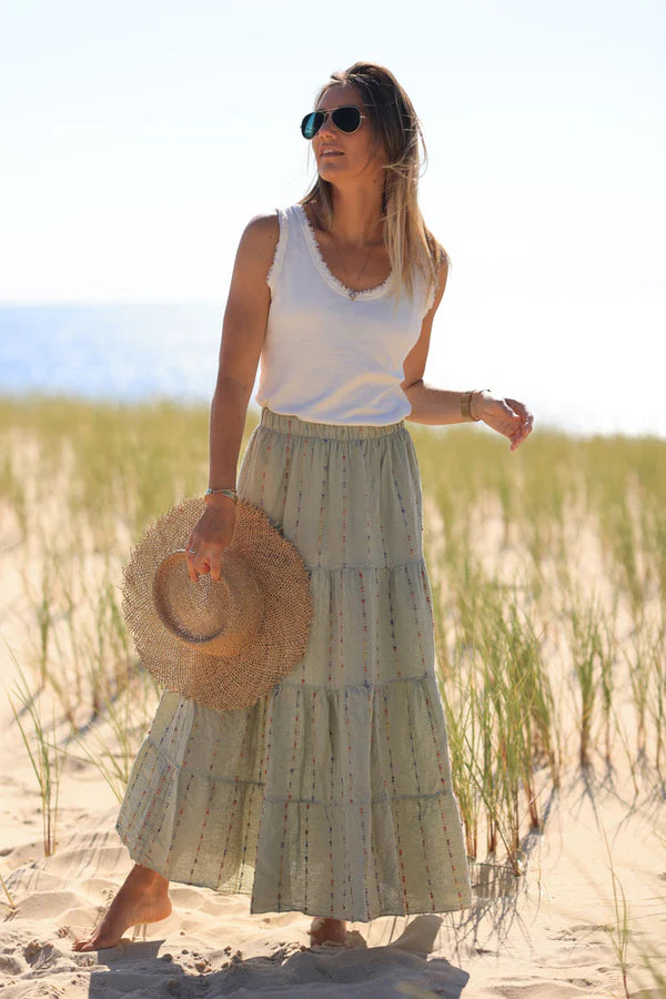 Khaki cotton and linen skirt with colored threads