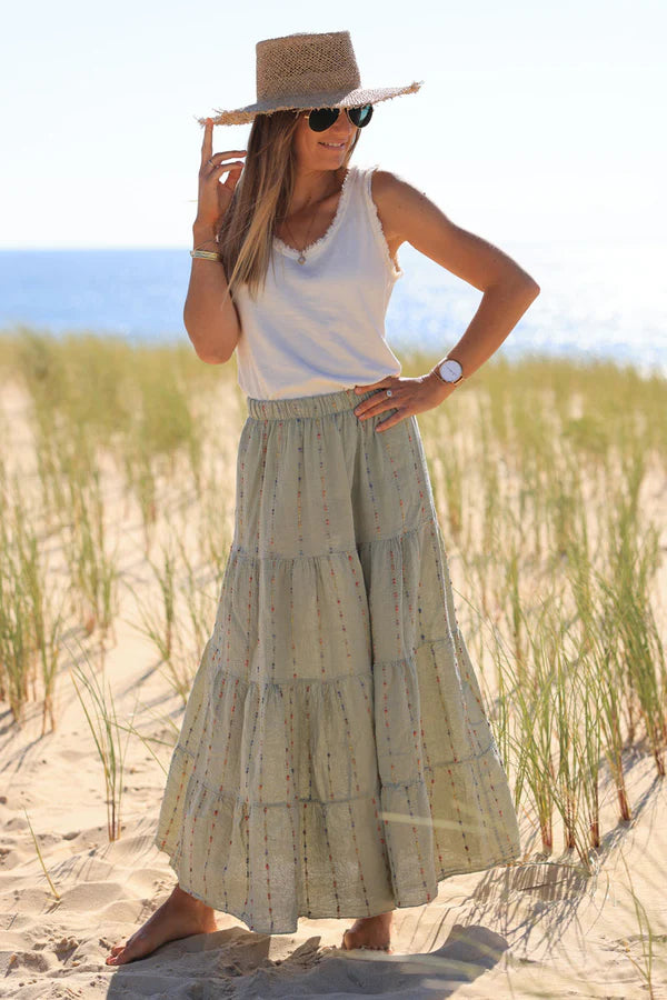 Khaki cotton and linen skirt with colored threads