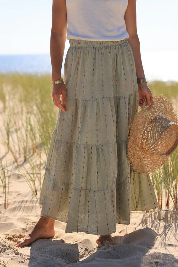 Khaki cotton and linen skirt with colored threads