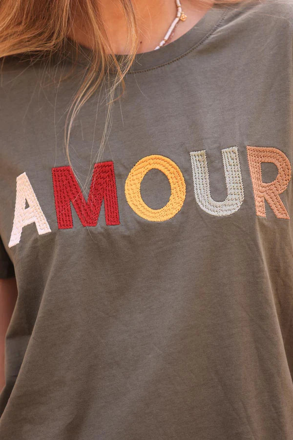 Olive cotton t-shirt with colorful 'amour' embroidery