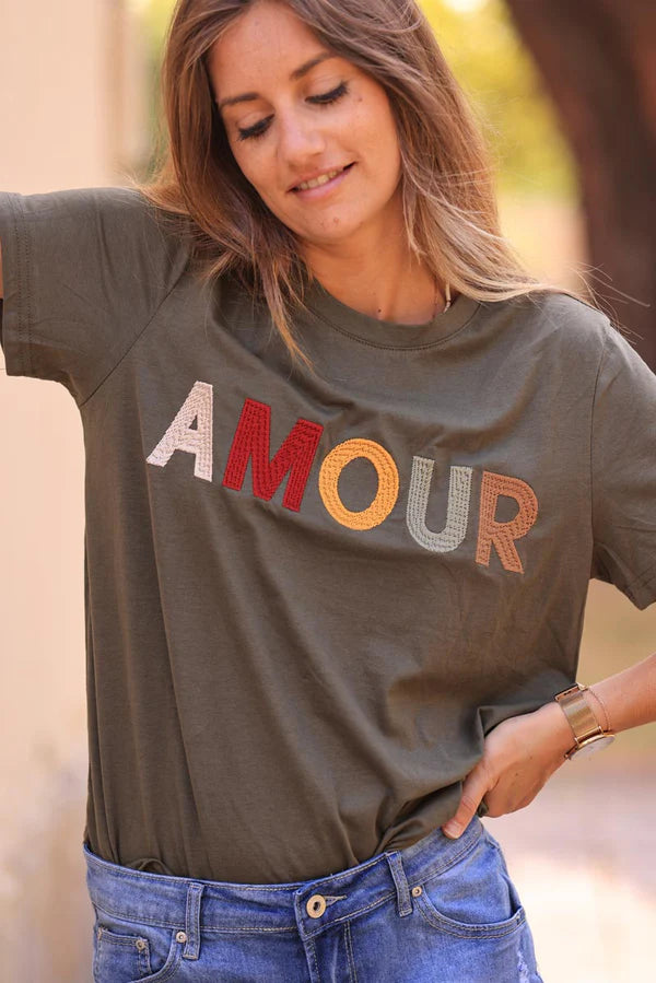 Olive cotton t-shirt with colorful 'amour' embroidery