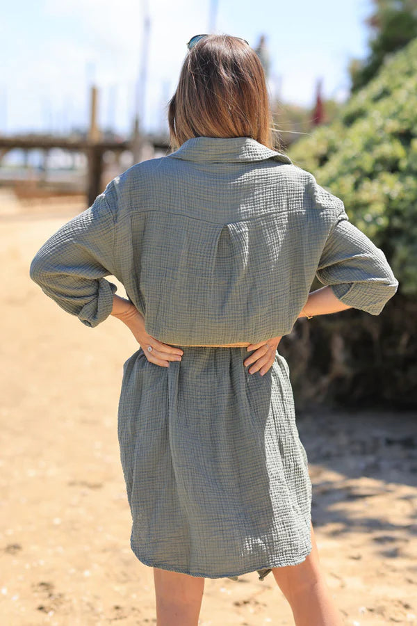 Olive Crinkle Cotton Gauze Shirt Dress with Raffia Style Belt