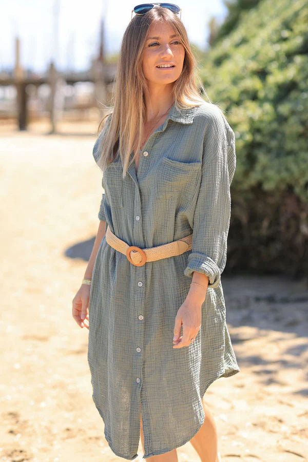 Olive Crinkle Cotton Gauze Shirt Dress with Raffia Style Belt