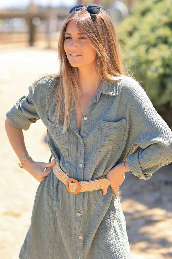 Olive Crinkle Cotton Gauze Shirt Dress with Raffia Style Belt