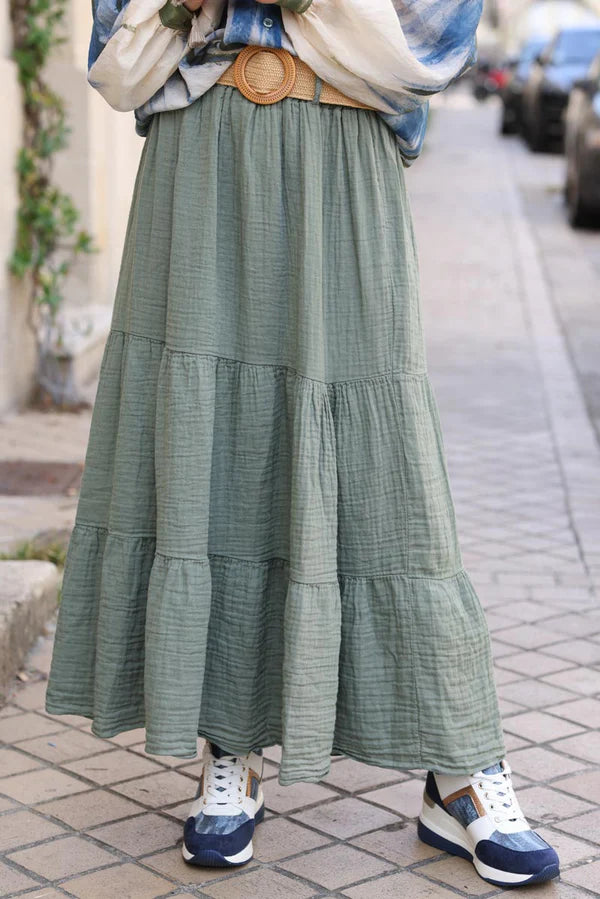 Olive Crinkle Cotton Gauze Tiered Maxi Skirt with Raphia Belt