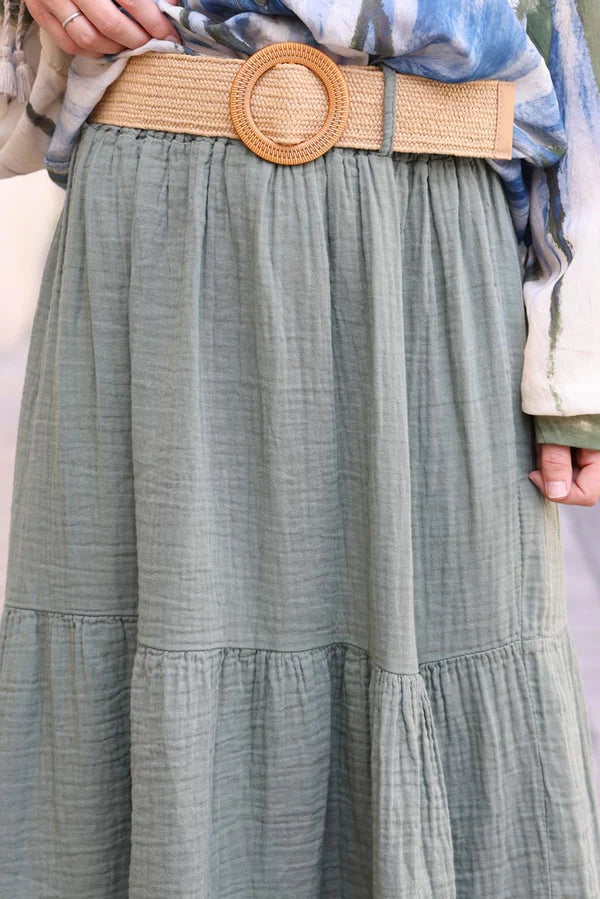 Olive Crinkle Cotton Gauze Tiered Maxi Skirt with Raphia Belt