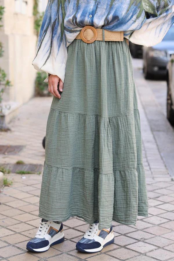 Olive Crinkle Cotton Gauze Tiered Maxi Skirt with Raphia Belt