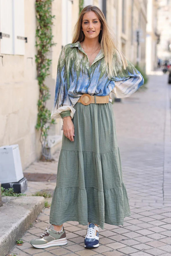 Olive Crinkle Cotton Gauze Tiered Maxi Skirt with Raphia Belt