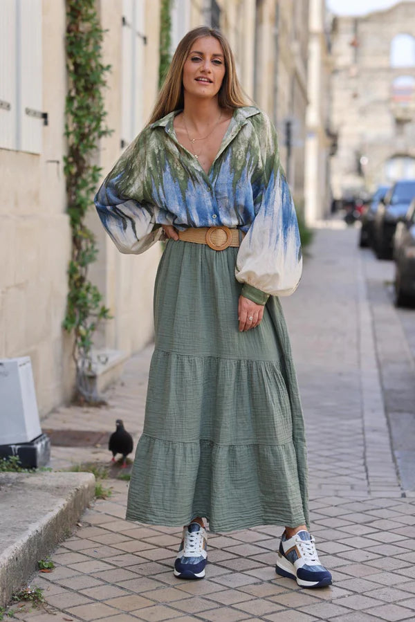 Olive Crinkle Cotton Gauze Tiered Maxi Skirt with Raphia Belt