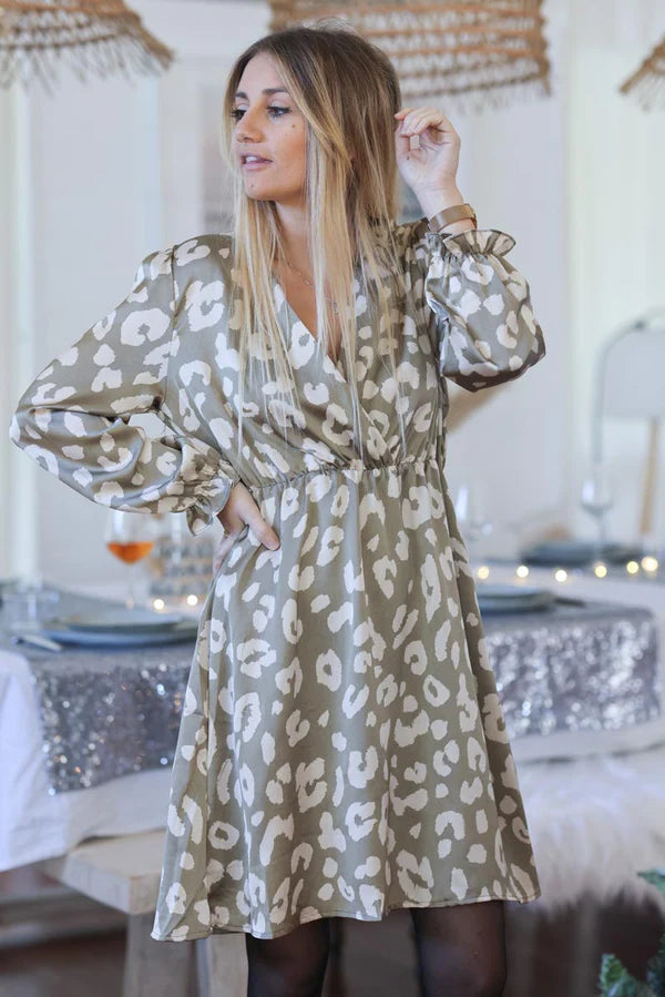 Light Olive Leopard Print Wrap Dress