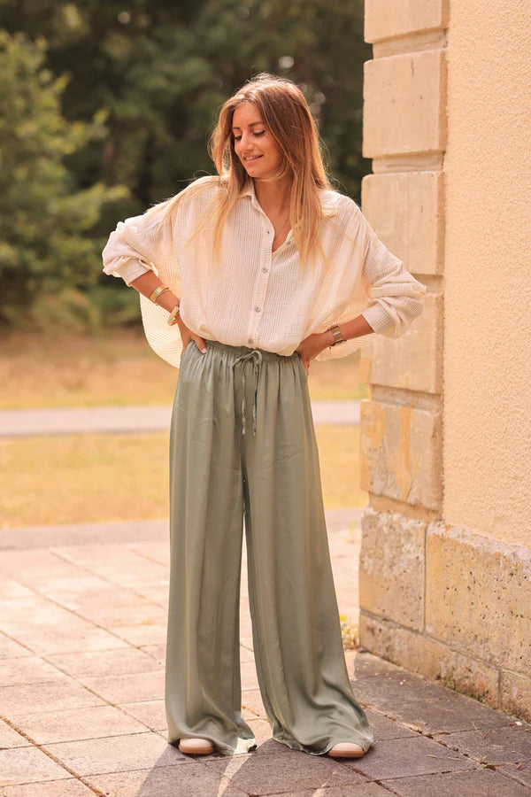 Olive Silky Wide-Leg Floaty Pants