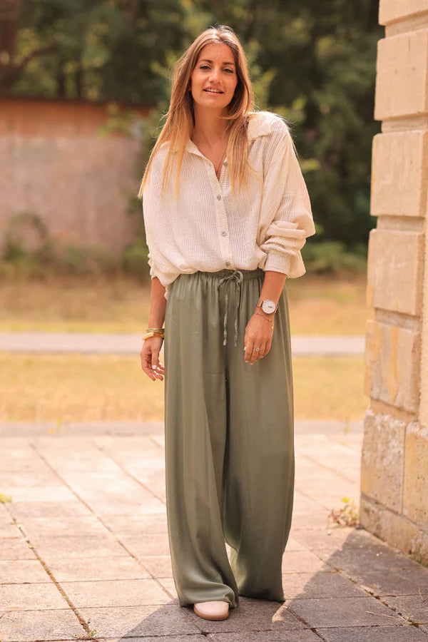 Olive Silky Wide-Leg Floaty Pants