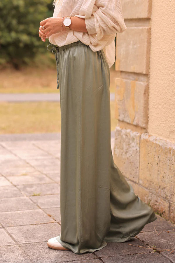 Olive Silky Wide-Leg Floaty Pants