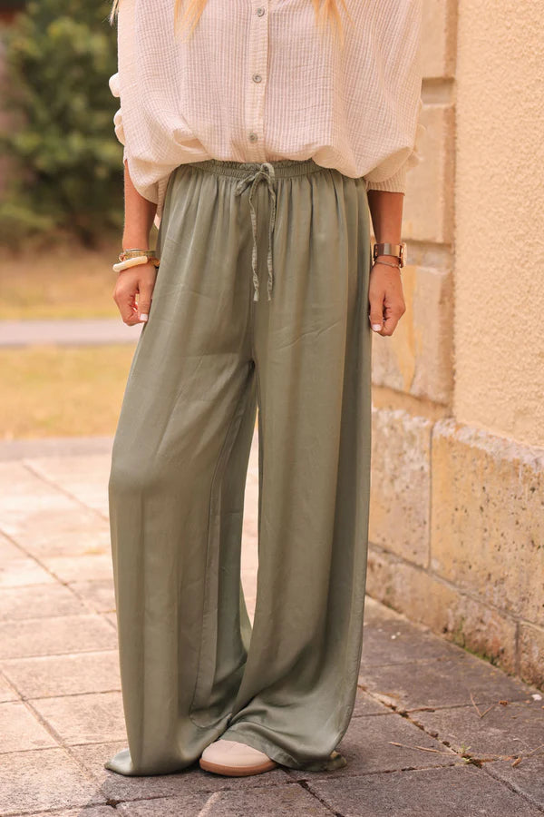 Olive Silky Wide-Leg Floaty Pants