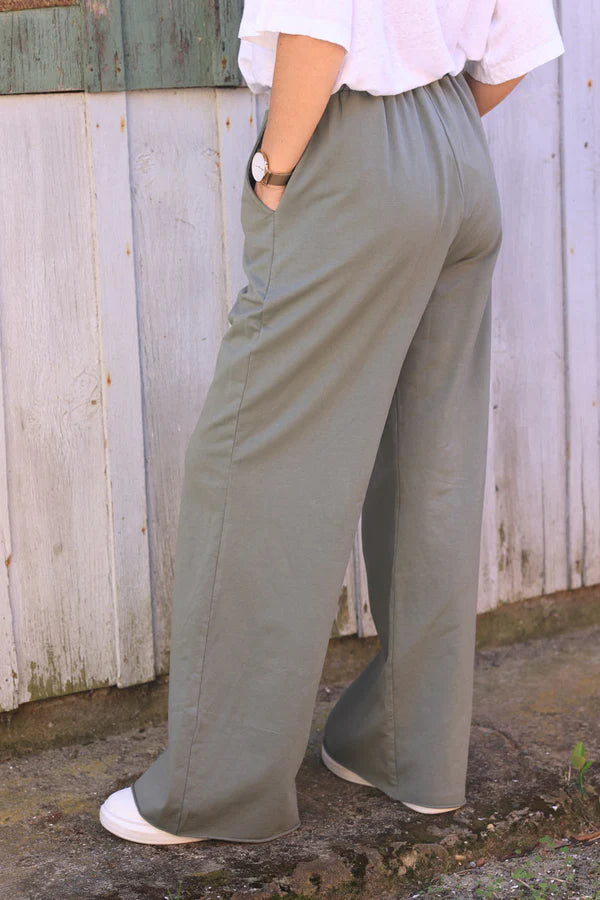 Olive Stretch Cotton Wide Leg Flared Sweatpants