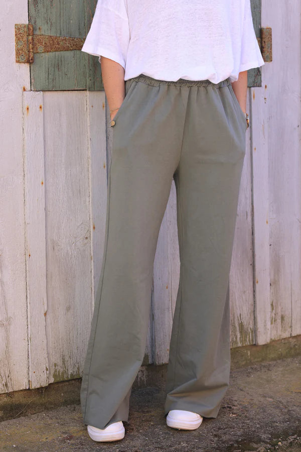 Olive Stretch Cotton Wide Leg Flared Sweatpants