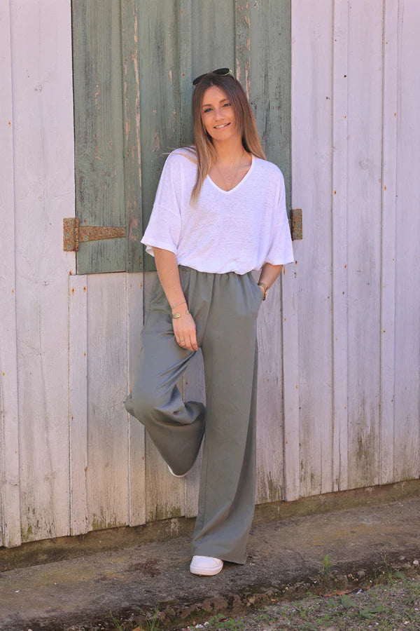 Olive Stretch Cotton Wide Leg Flared Sweatpants