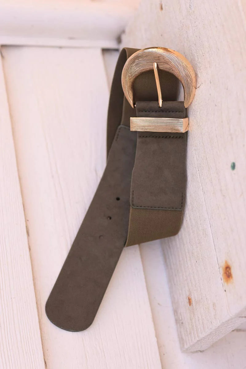 Khaki suedette elasticated belt with gold relief buckle