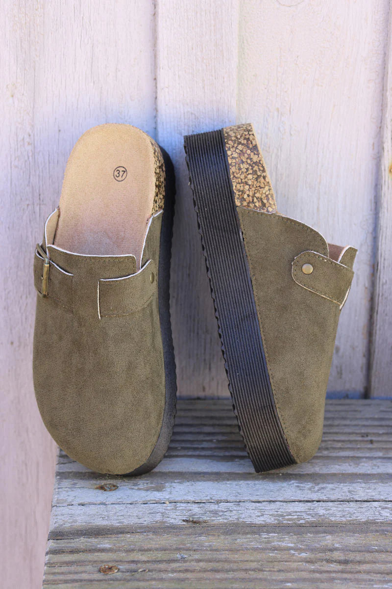 Khaki suedette slip on flatform mules with buckle