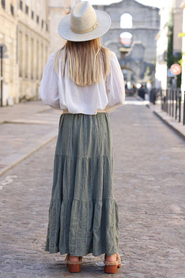 Khaki tiered maxi skirt glitter and multicoloured stitching