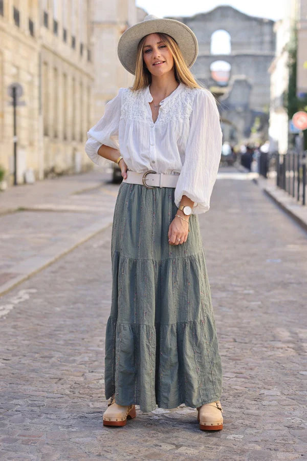 Khaki tiered maxi skirt glitter and multicoloured stitching