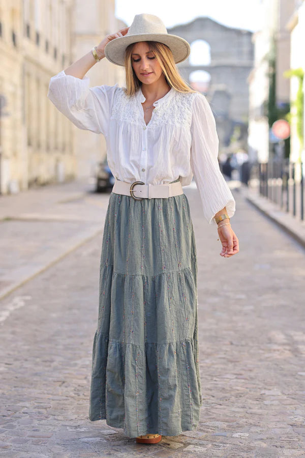 Khaki tiered maxi skirt glitter and multicoloured stitching