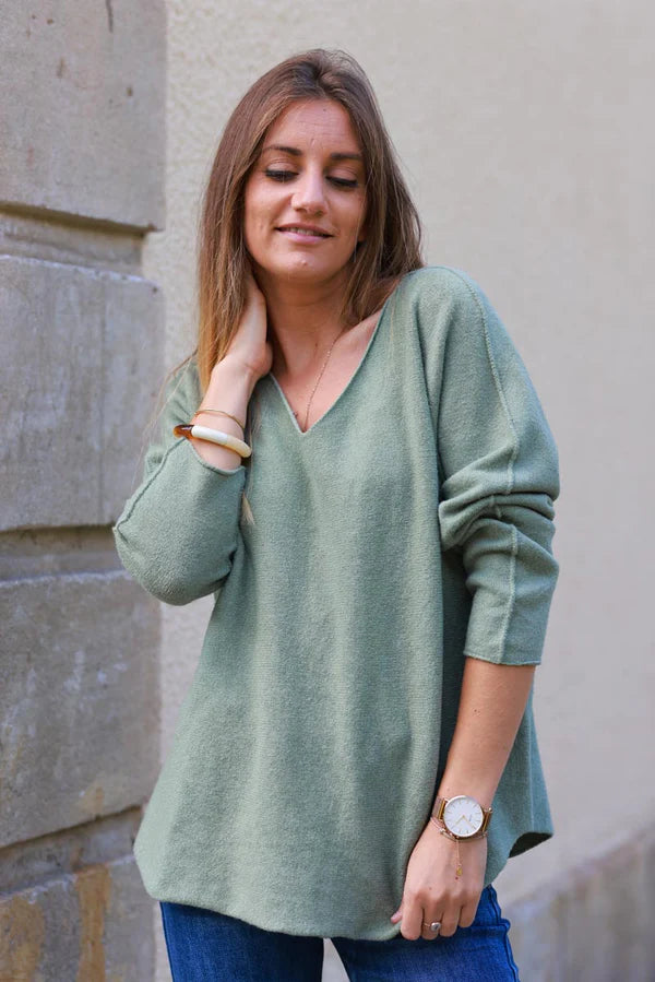 Light Olive ultra-soft, Viscose Blend V-Neck Sweater