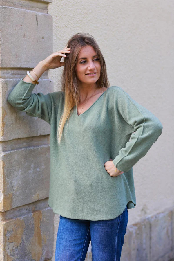 Light Olive ultra-soft, Viscose Blend V-Neck Sweater