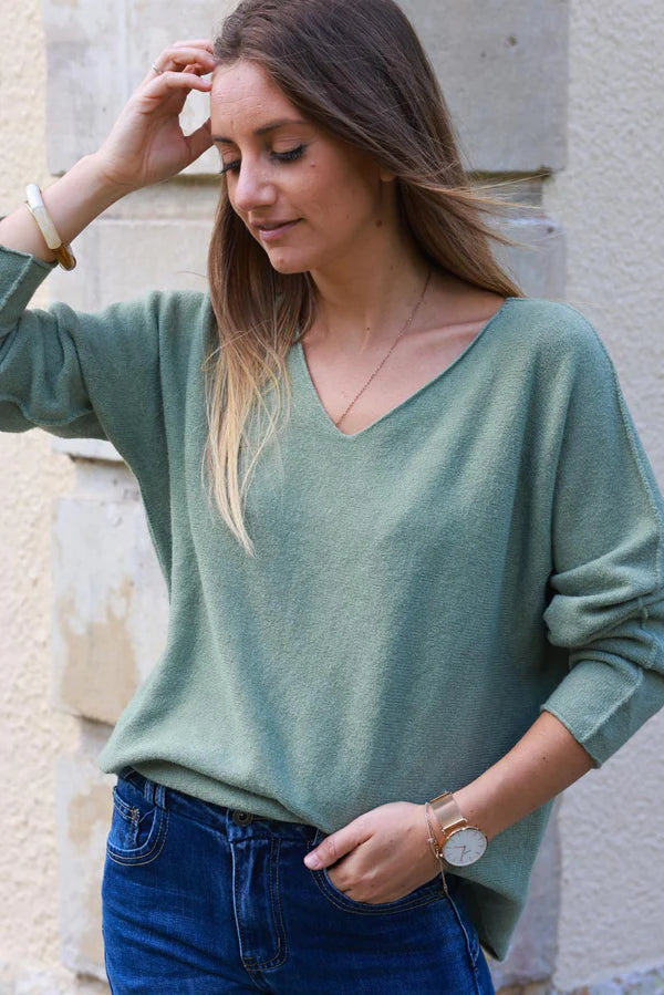 Light Olive ultra-soft, Viscose Blend V-Neck Sweater