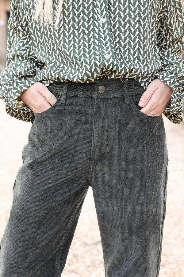 Olive Velvet Corduroy Straight Cut Pants