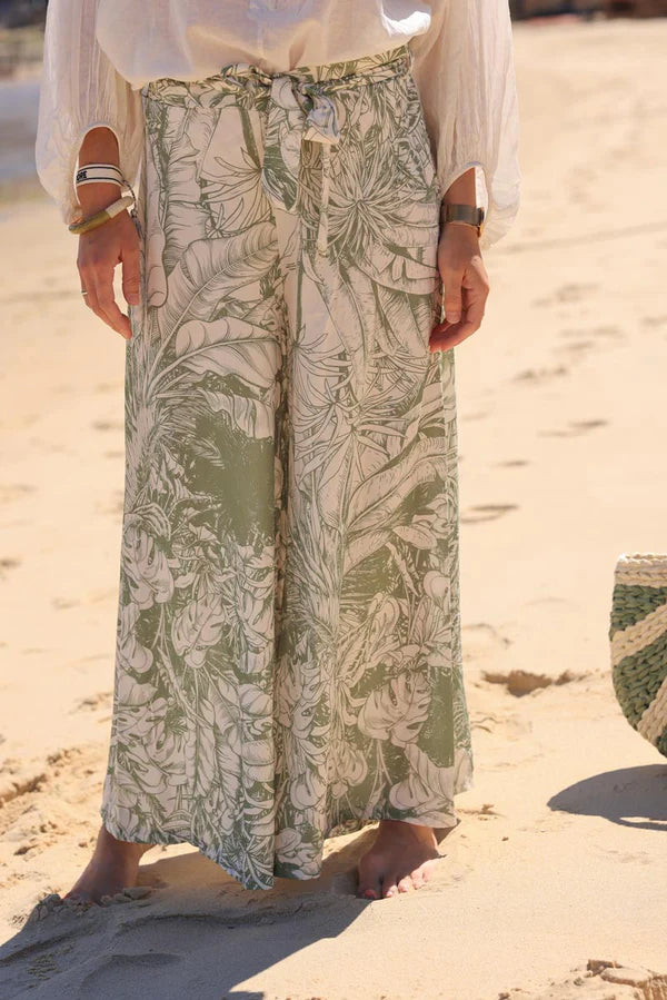 Olive Wide Leg Floaty Pants with Palm Leaf Print and fabric belt