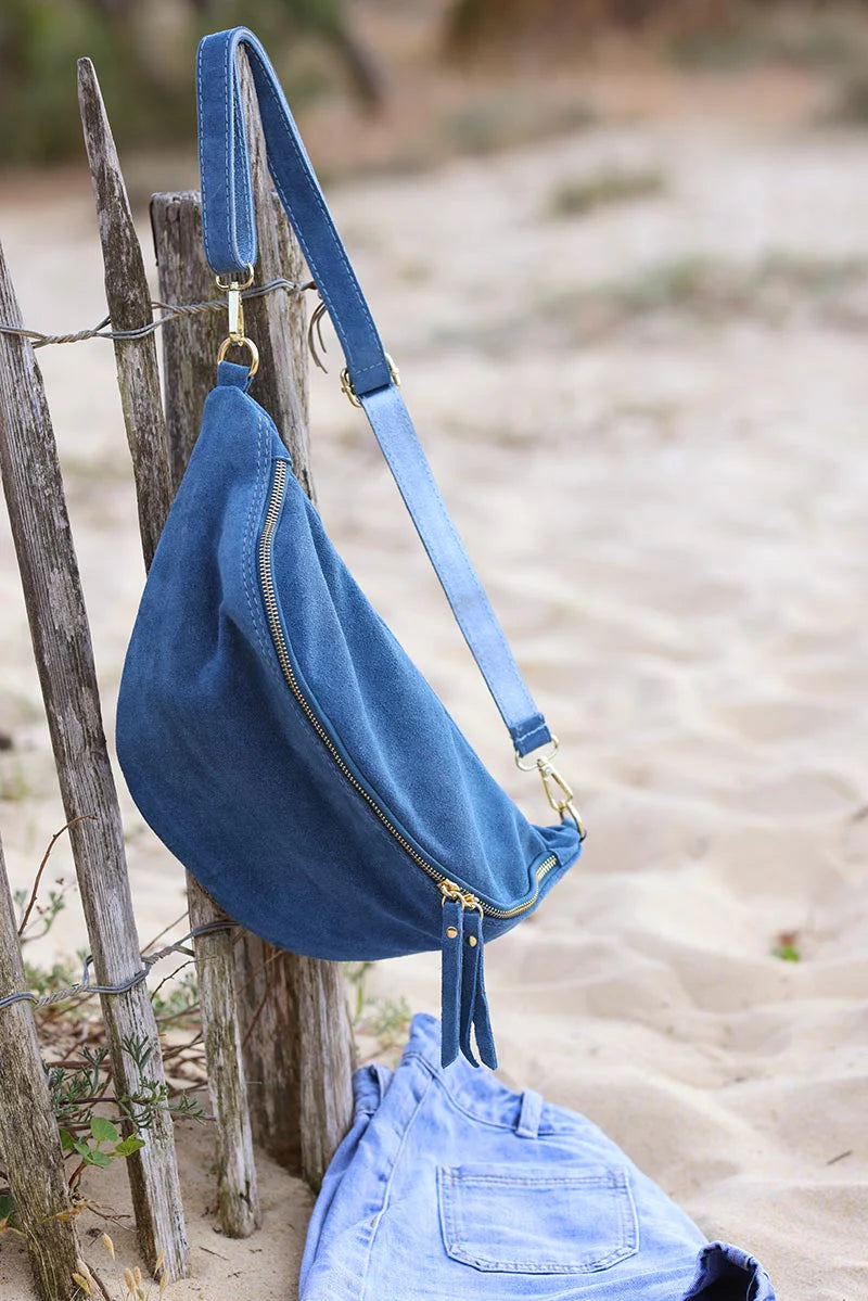 Large blue suede leather bum bag