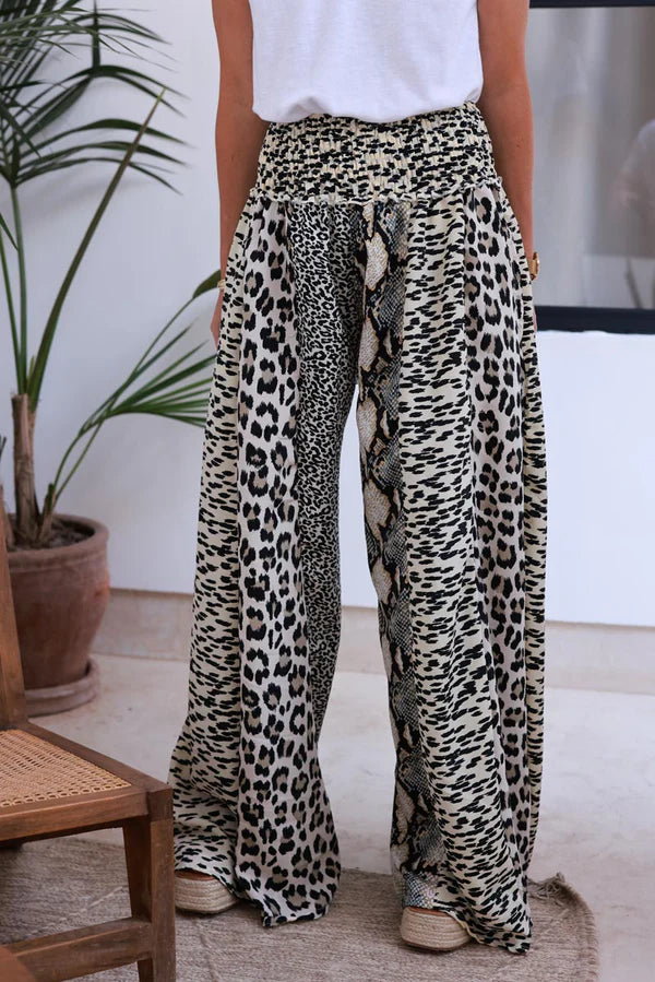 Leopard Print Ruched Waist Wide Leg Pants