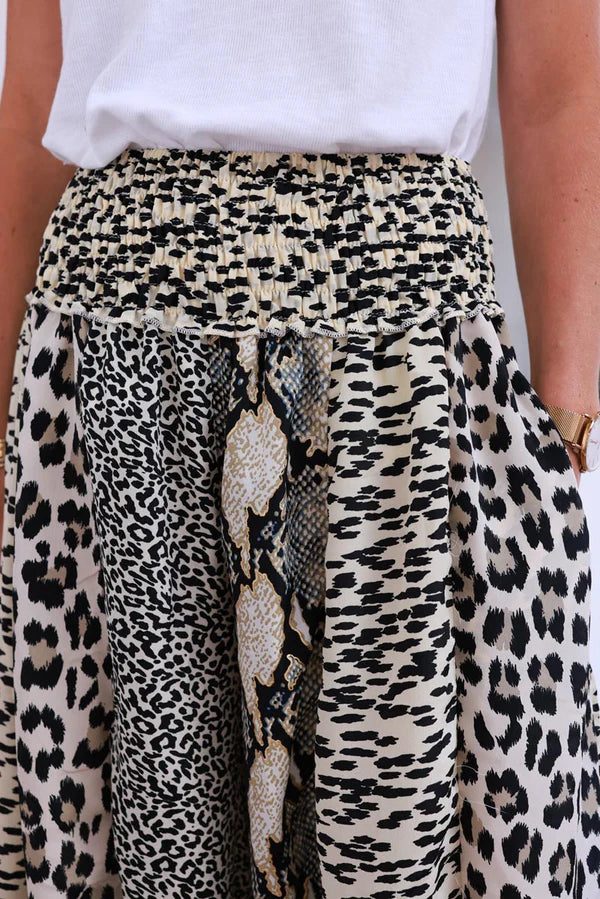 Leopard Print Ruched Waist Wide Leg Pants
