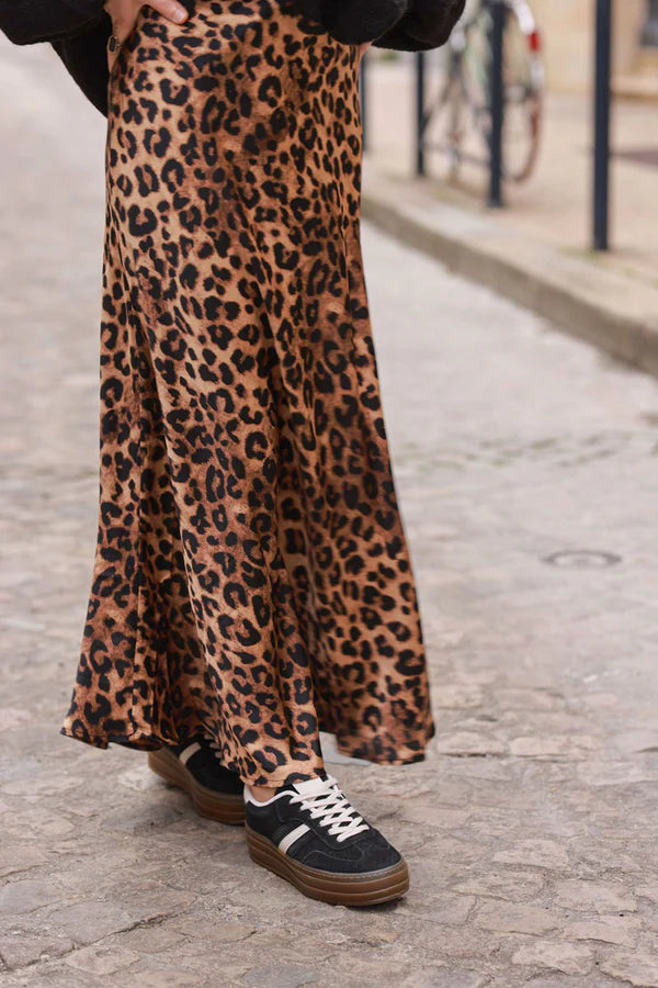 Leopard Print Sateen Maxi Skirt