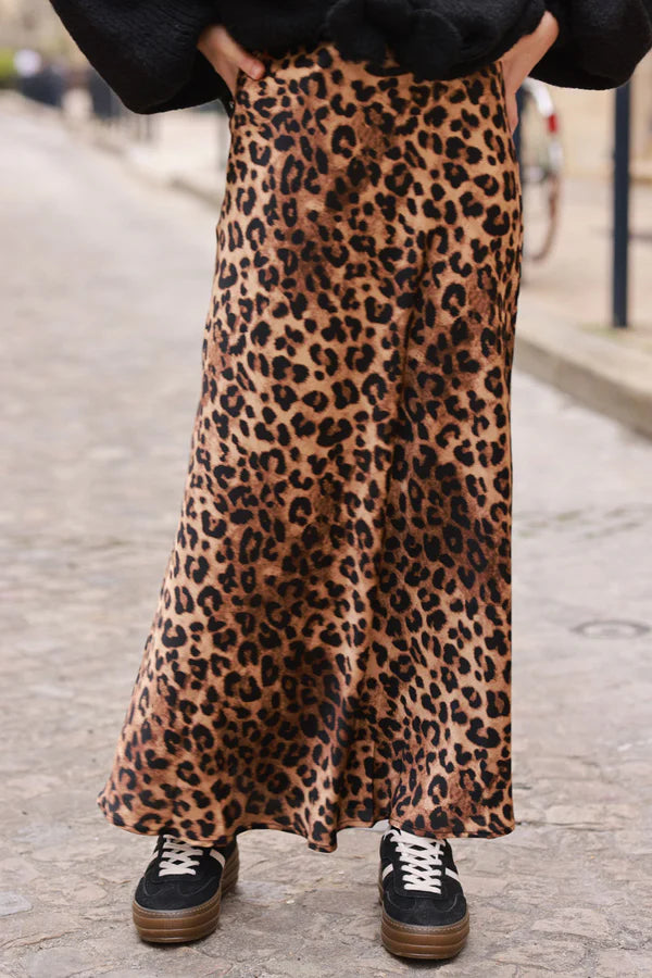 Leopard Print Sateen Maxi Skirt