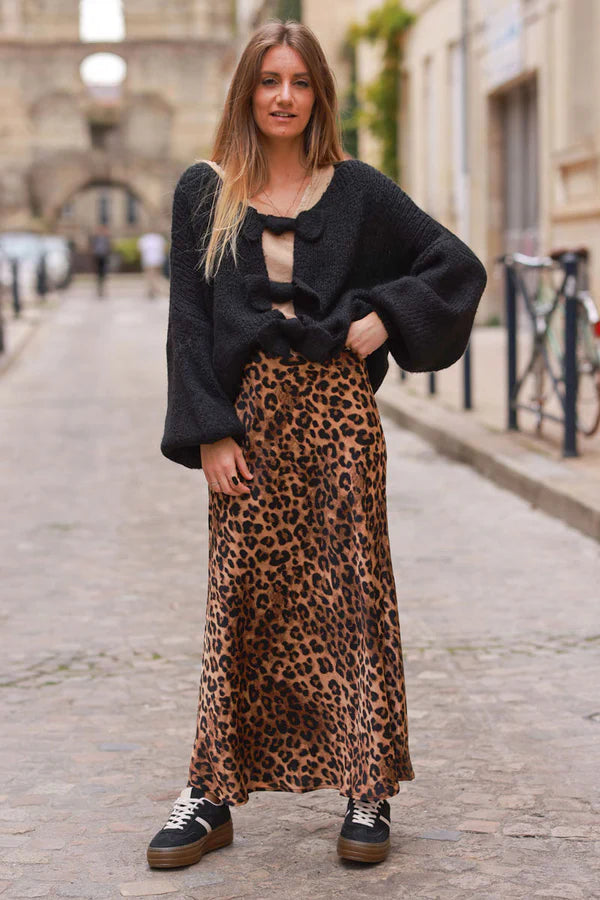 Leopard Print Sateen Maxi Skirt