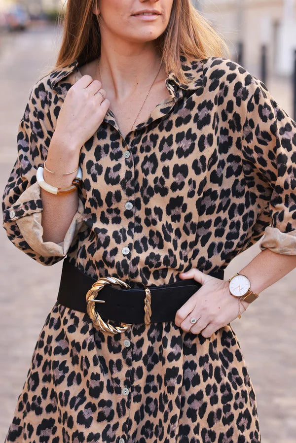 Leopard Print Shirt Dress with Belt