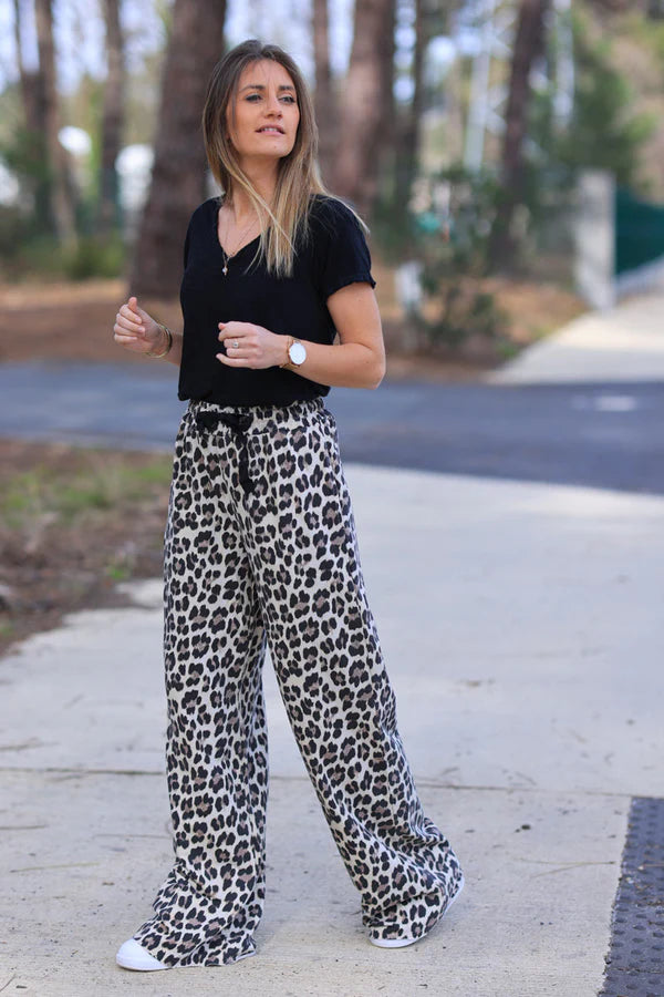 Leopard Print Stretch Cotton Wide Leg Flared Sweatpants