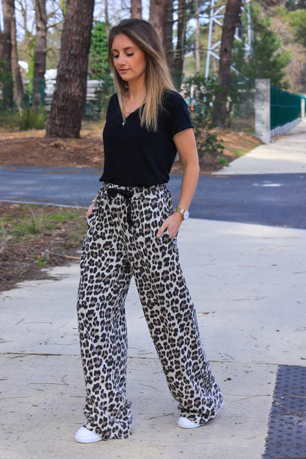 Leopard Print Stretch Cotton Wide Leg Flared Sweatpants