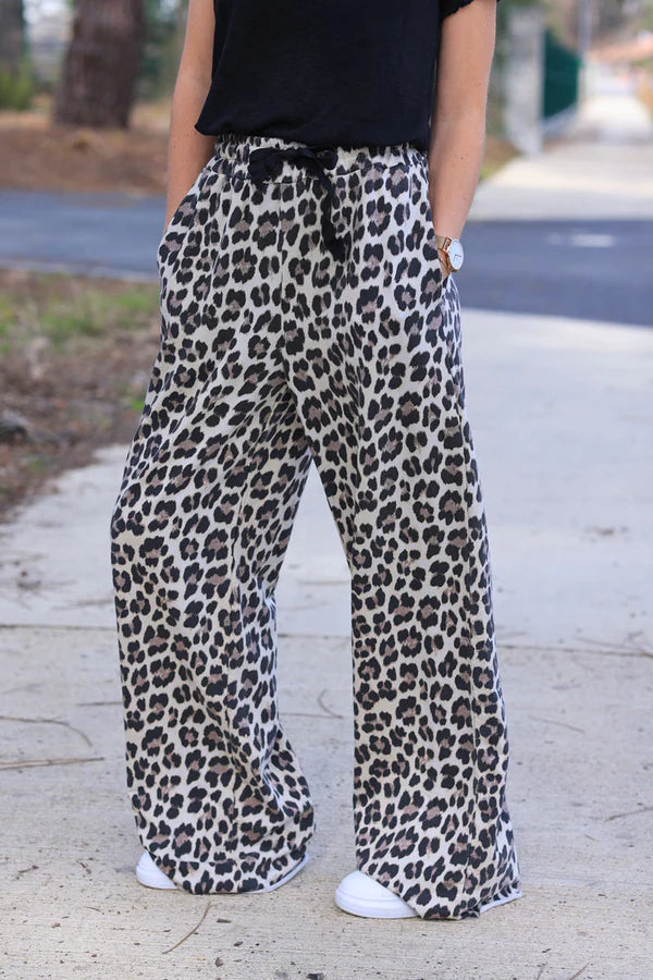 Leopard Print Stretch Cotton Wide Leg Flared Sweatpants