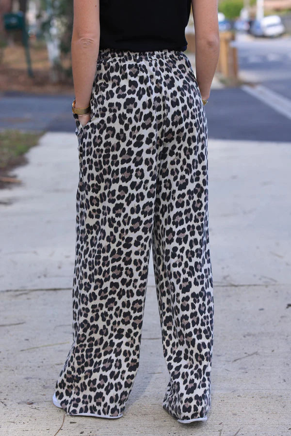 Leopard Print Stretch Cotton Wide Leg Flared Sweatpants